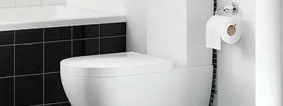 White toilet and black tiled bath panel