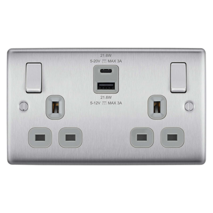 BG Nexus Metal Double Switched Socket Brushed Steel With USB