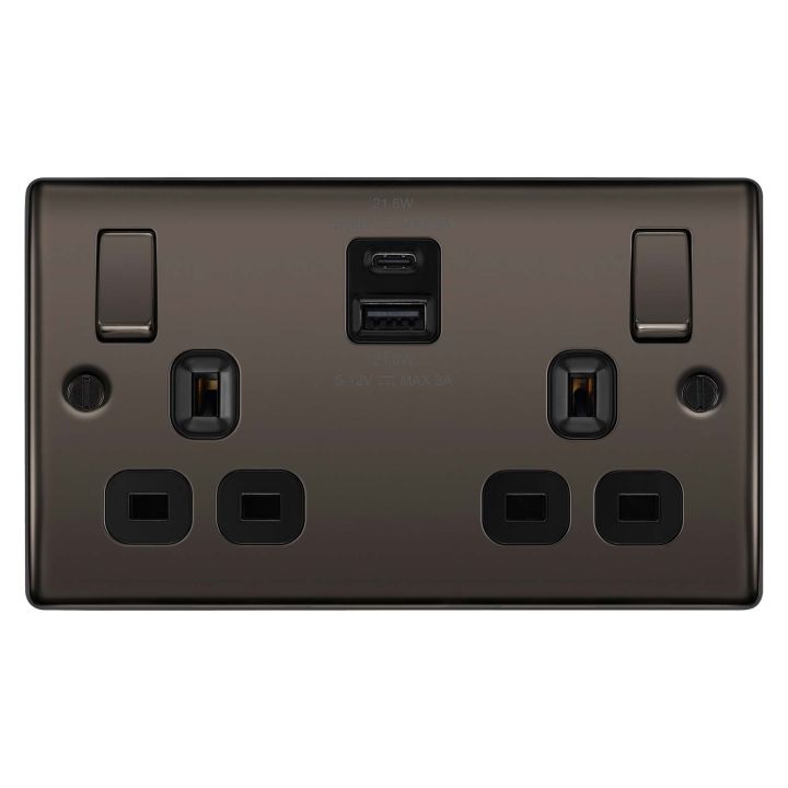 BG Nexus Metal Double Switched Socket Black Nickel With USB