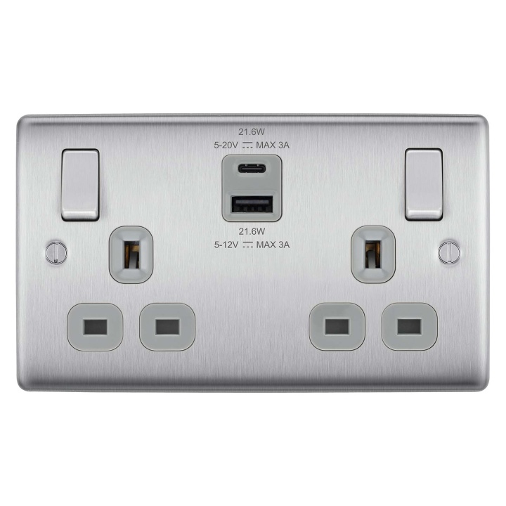 BG Nexus Metal Double Switched Socket Brushed Steel With USB