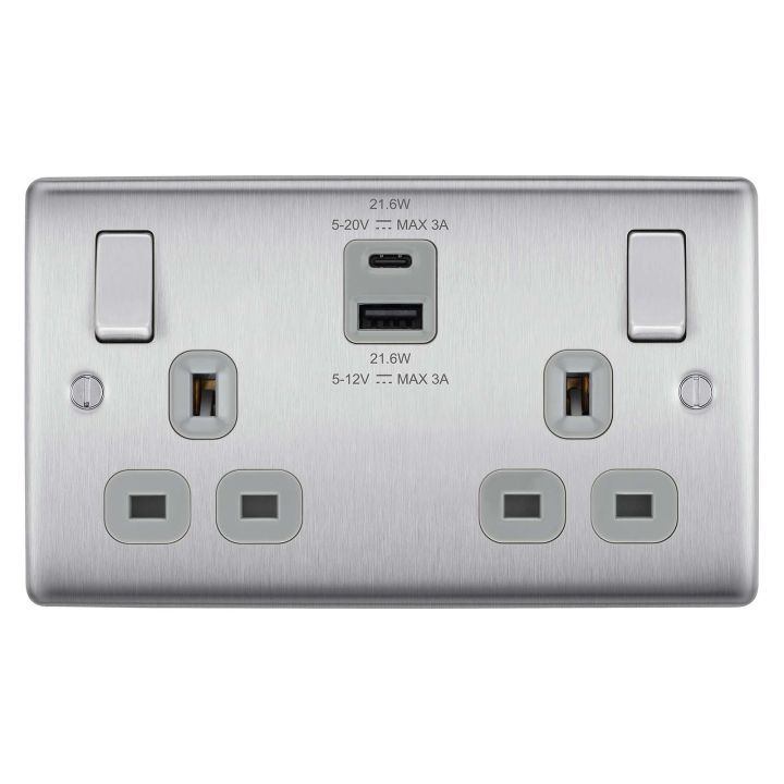 BG Nexus Metal Double Switched Socket Brushed Steel With USB