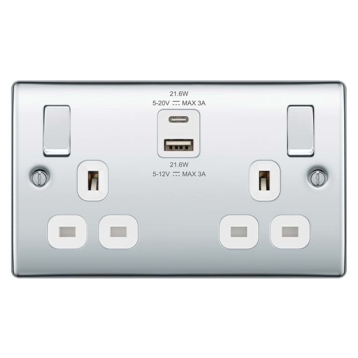 BG Nexus Metal Double Switched Socket Polished Chrome With USB