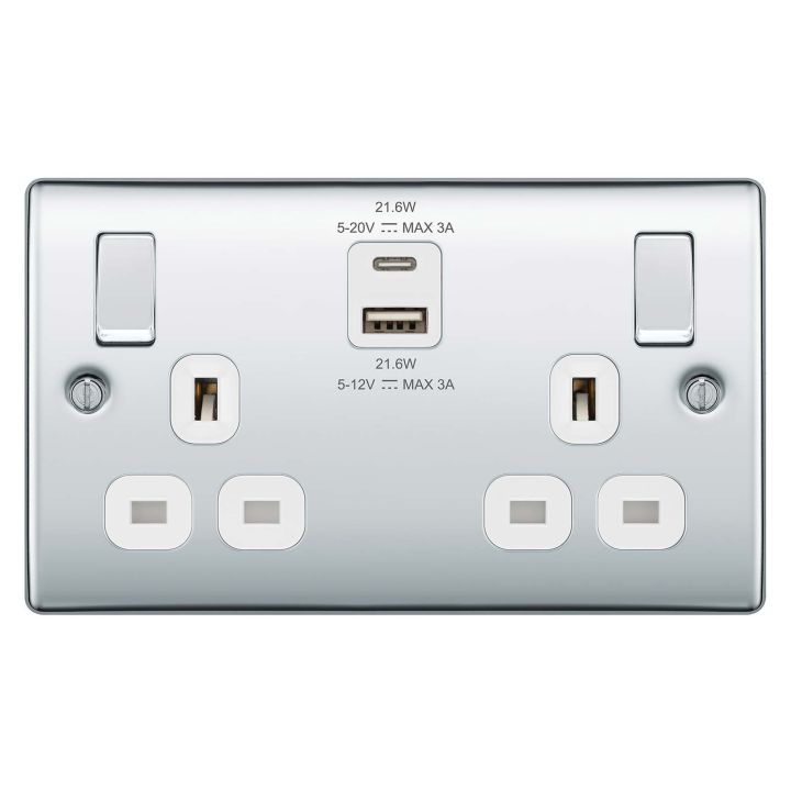 BG Nexus Metal Double Switched Socket Polished Chrome With USB