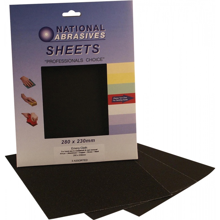 Medium Grade 280 x 230mm Emery Cloth Sheets (Pk 3)