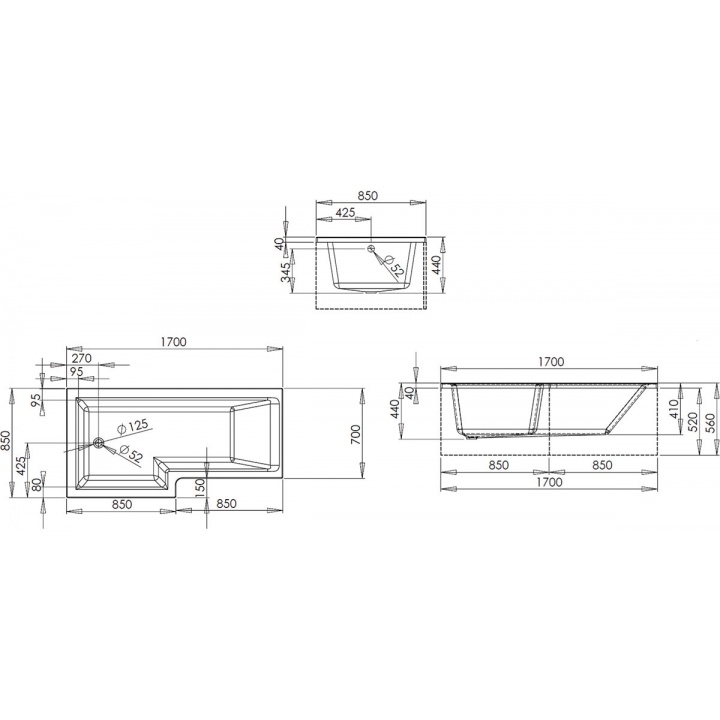 Blok 1700mm L Shape Right Hand Shower Bath