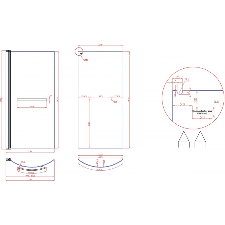 Luxury Glass Shower Screen for P Shaped Shower Bath