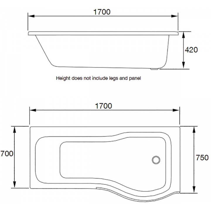 Luxury P Shape Right Hand Shower Bath 1700mm