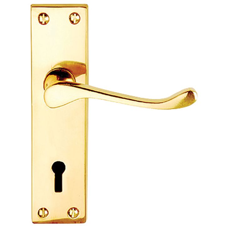 Victorian Scroll Lock Door Handles Polished Brass 