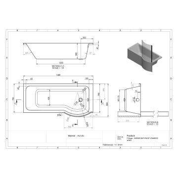Luxury P Shape Right Hand Shower Bath 1700mm