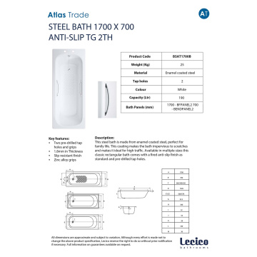 Lecico Atlas Anti-Slip Steel Bath With Grips 1700 x 700mm