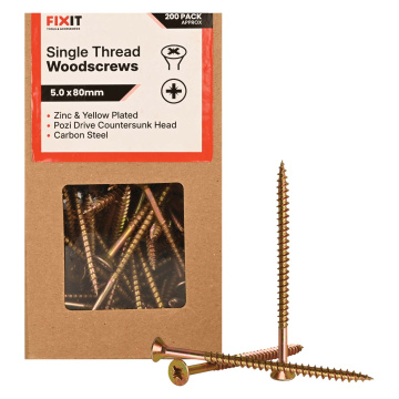 FIX-IT Single Thread Zinc & Yellow Woodscrews 5 x 80mm Pack of 200