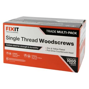 FIX-IT Single Thread Zinc & Yellow Woodscrews Trade Pack of 1000