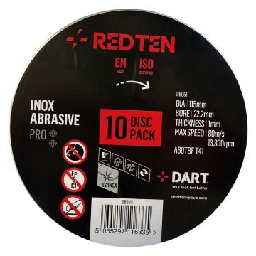 DART Red Ten Stainless Steel / INOX 115mm Abrasive Discs Pack of 10