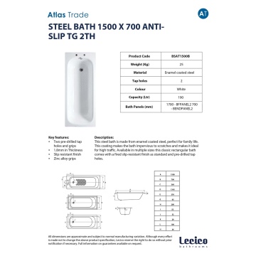Lecico Atlas Anti-Slip Steel Bath With Grips 1500 x 700mm
