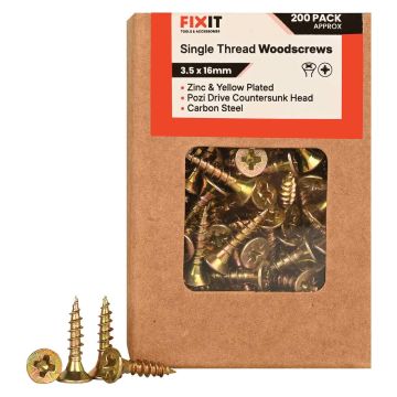 FIX-IT Single Thread Zinc & Yellow Woodscrews 3.5 x 16mm Pack of 200 