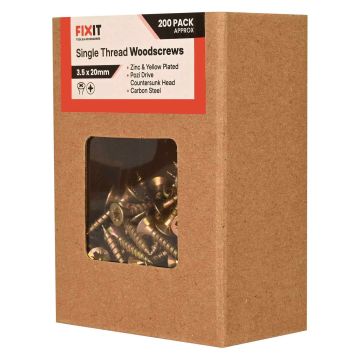 FIX-IT Single Thread Zinc & Yellow Woodscrews 3.5 x 20mm Pack of 200