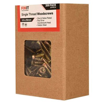 FIX-IT Single Thread Zinc & Yellow Woodscrews 3.5 x 25mm Pack of 200