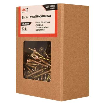FIX-IT Single Thread Zinc & Yellow Woodscrews 3.5 x 30mm Pack of 200