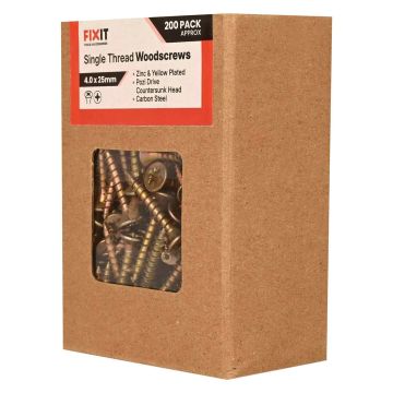 FIX-IT Single Thread Zinc & Yellow Woodscrews 4 x 25mm Pack of 200