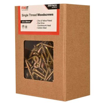 FIX-IT Single Thread Zinc & Yellow Woodscrews 4 x 30mm Pack of 200