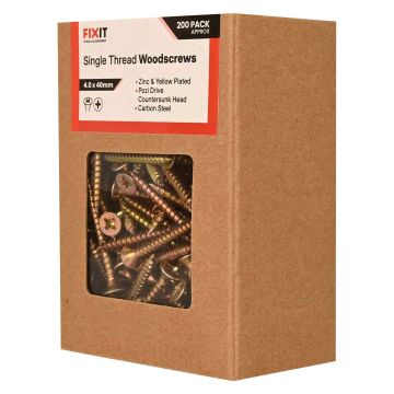 FIX-IT Single Thread Zinc & Yellow Woodscrews 4 x 40mm Pack of 200
