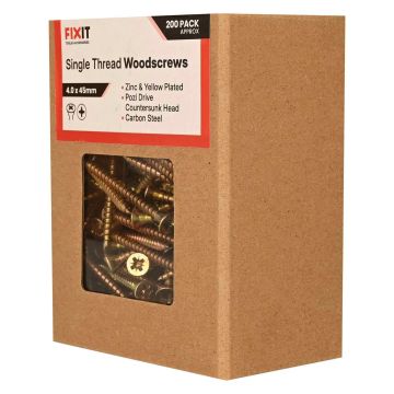 FIX-IT Single Thread Zinc & Yellow Woodscrews 4 x 45mm Pack of 200