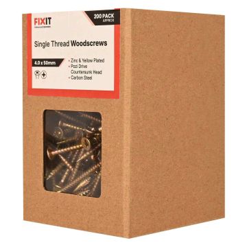 FIX-IT Single Thread Zinc & Yellow Woodscrews 4 x 50mm Pack of 200