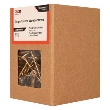 FIX-IT Single Thread Zinc & Yellow Woodscrews 4 x 70mm Pack of 200