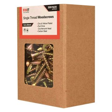 FIX-IT Single Thread Zinc & Yellow Woodscrews 5 x 30mm Pack of 200