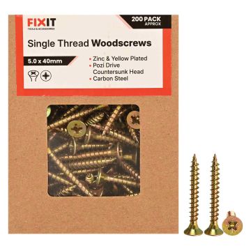 FIX-IT Single Thread Zinc & Yellow Woodscrews 5 x 40mm Pack of 200