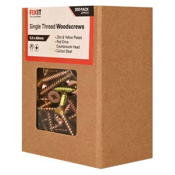 FIX-IT Single Thread Zinc & Yellow Woodscrews 5 x 40mm Pack of 200