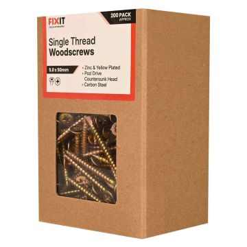FIX-IT Single Thread Zinc & Yellow Woodscrews 5 x 50mm Pack of 200