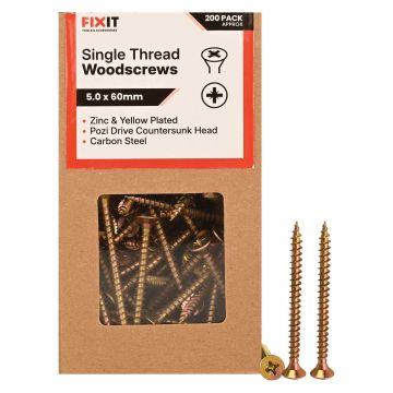 FIX-IT Single Thread Zinc & Yellow Woodscrews 5 x 60mm Pack of 200