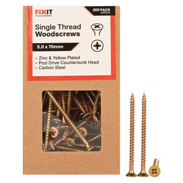 FIX-IT Single Thread Zinc & Yellow Woodscrews 5 x 70mm Pack of 200