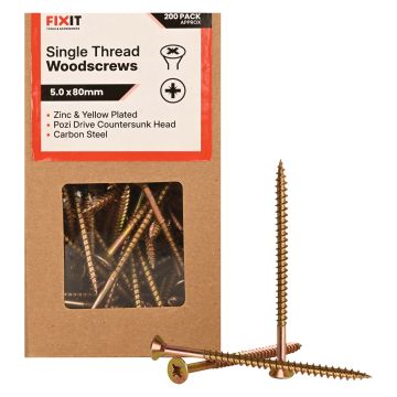 FIX-IT Single Thread Zinc & Yellow Woodscrews 5 x 80mm Pack of 200