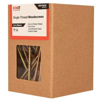 FIX-IT Single Thread Zinc & Yellow Woodscrews 5 x 90mm Pack of 100