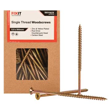 FIX-IT Single Thread Zinc & Yellow Woodscrews 5 x 100mm Pack of 100