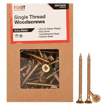 FIX-IT Single Thread Zinc & Yellow Woodscrews 6 x 70mm Pack of 100