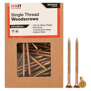 FIX-IT Single Thread Zinc & Yellow Woodscrews 6 x 80mm Pack of 100