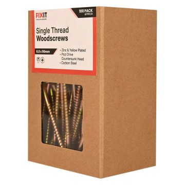 FIX-IT Single Thread Zinc & Yellow Woodscrews 6 x 90mm Pack of 100