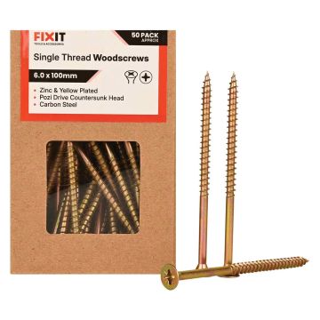 FIX-IT Single Thread Zinc & Yellow Woodscrews 6 x 100mm Pack of 50