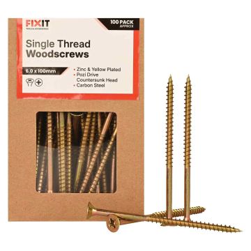 FIX-IT Single Thread Zinc & Yellow Woodscrews 6 x 100mm Pack of 100