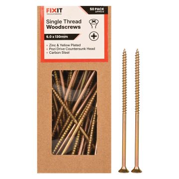 FIX-IT Single Thread Zinc & Yellow Woodscrews 6 x 130mm Pack of 50