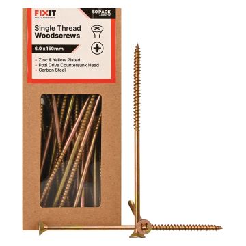 FIX-IT Single Thread Zinc & Yellow Woodscrews 6 x 150mm Pack of 50