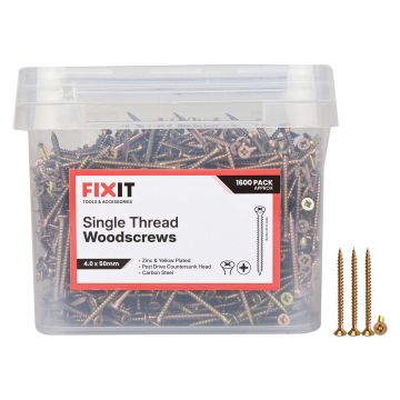 FIX-IT Single Thread Zinc & Yellow Woodscrews 4 x 50mm Pack of 1600