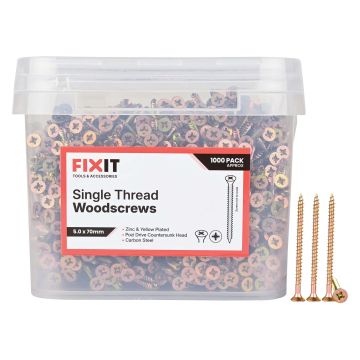 FIX-IT Single Thread Zinc & Yellow Woodscrews 5 x 70mm Pack of 1000