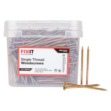 FIX-IT Single Thread Zinc & Yellow Woodscrews 6 x 100mm Pack of 600