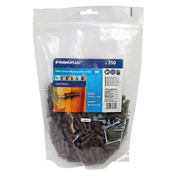 Rawlplug UNO Brown Plastic Wall Plugs 7mm & Screws 4mm x 35mm Bag of 350