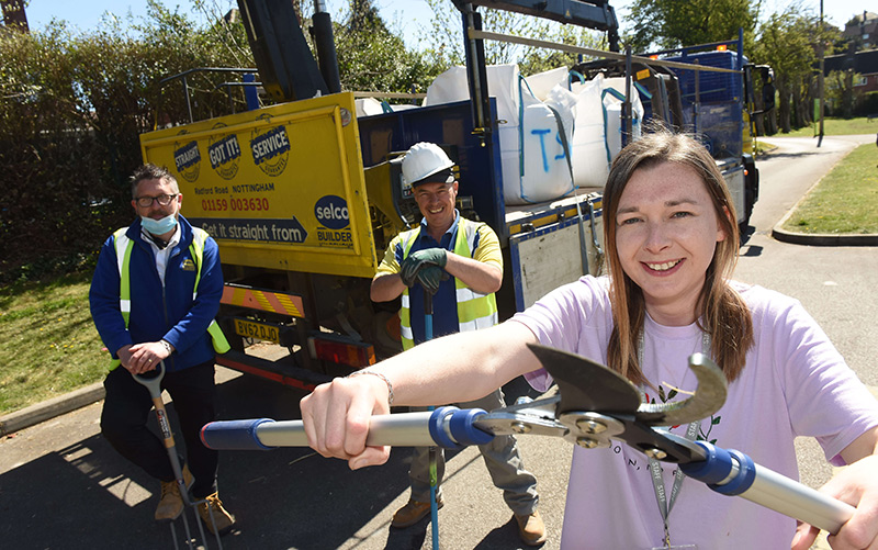 Colleagues from Selco Builders Warehouse with Kirsty Dexter from the Pythian Club in Nottingham