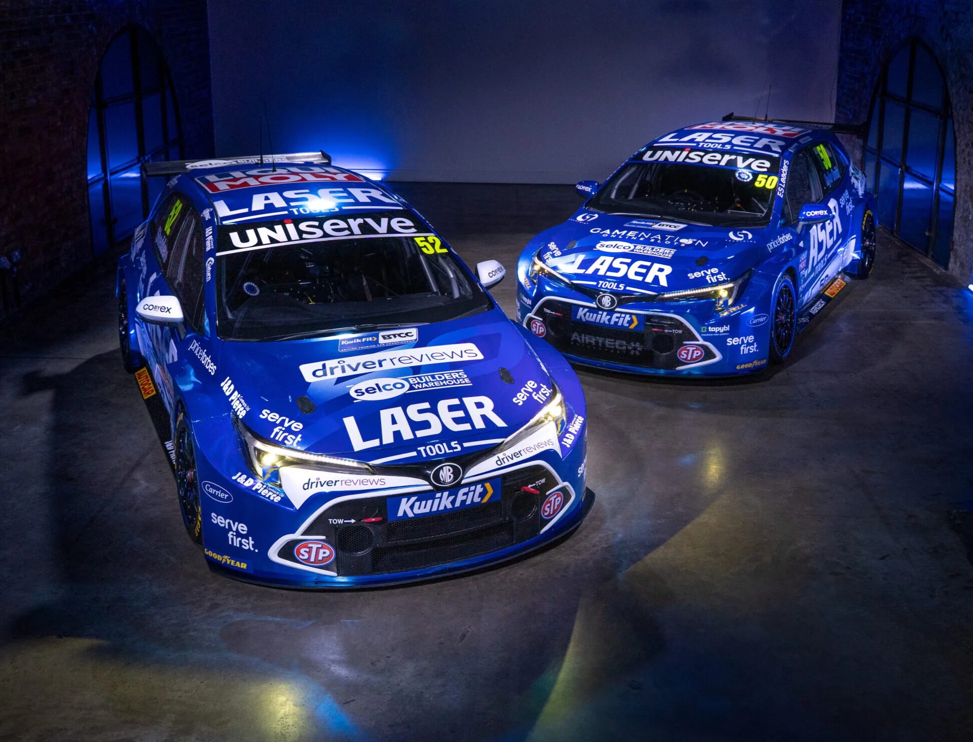 Two Laser Tools Racing with MB Motorsport blue BTCC cars with Selco branding